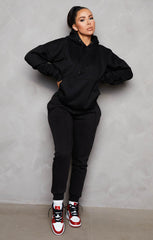 Black Oversized Hoodie & High Waisted Seam Front Cuffed Joggers Loungewear Set - Martha