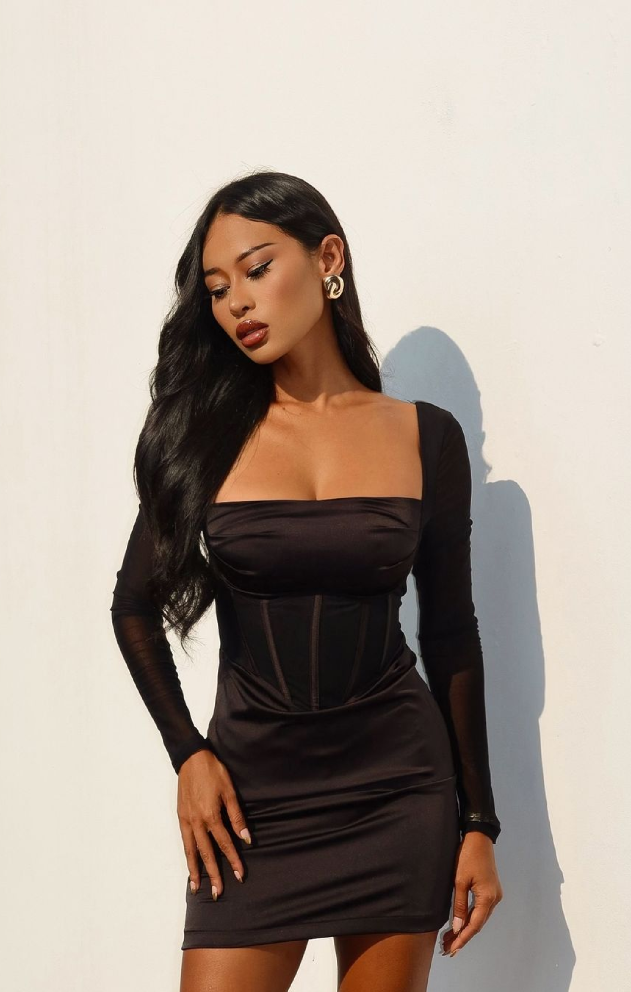 Black Long Sleeve Corset Bodycon Mini Dress