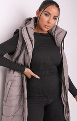 Smoke Grey Sleeveless Longline Midi Zip Up Hooded Puffer Gilet - Terri