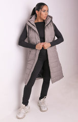 Smoke Grey Sleeveless Longline Midi Zip Up Hooded Puffer Gilet - Terri