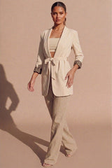 Beige Belted Leopard Print Cuff Detail Blazer- Finon