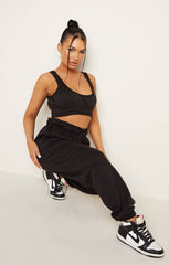 Black Oversized Sleeveless Crop Top & Drawstring Waist Joggers Co-ord - Alisha