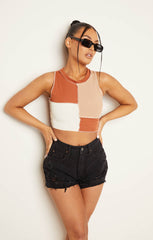 Stone, Rust & White Rib Round Neck Patchwork Exposed Seam Sleeveless Racer Crop Top - Elise