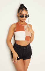Stone, Rust & White Rib Round Neck Patchwork Exposed Seam Sleeveless Racer Crop Top - Elise