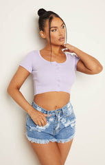 Lilac Ribbed Button Up Scoop Neck Crop Top - Louanne