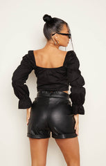 Black Frill Long Puff Sleeve Button Detail Crop Top- Raelyn