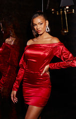 Red Satin Bardot Long Puff Sleeve Bodycon Mini Dress - Tiara