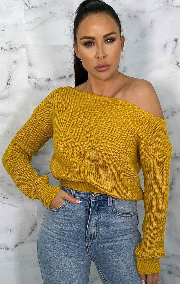 Mustard Off Shoulder Knitted Jumper Knitwear Femme Luxe