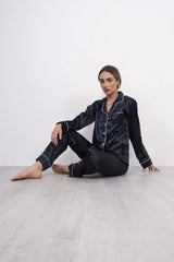 Navy Piping Detail Long Sleeve Satin Pyjama Set - Alena
