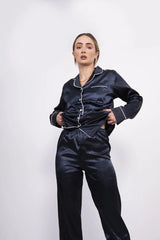 Navy Piping Detail Long Sleeve Satin Pyjama Set - Alena