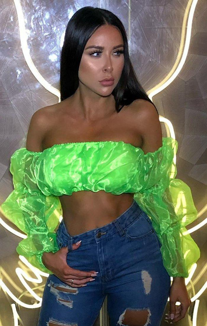 Neon Green Mesh Bardot Bralette, Tops
