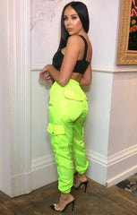Neon Lime Green Cuffed Cargo Trousers - Poppi