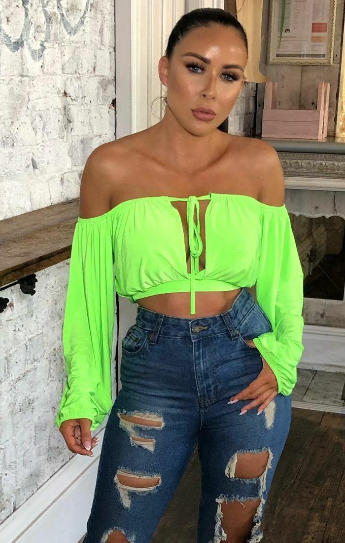 Neon Lime Slinky Bardot Milkmaid Crop Top Tops Femme Luxe