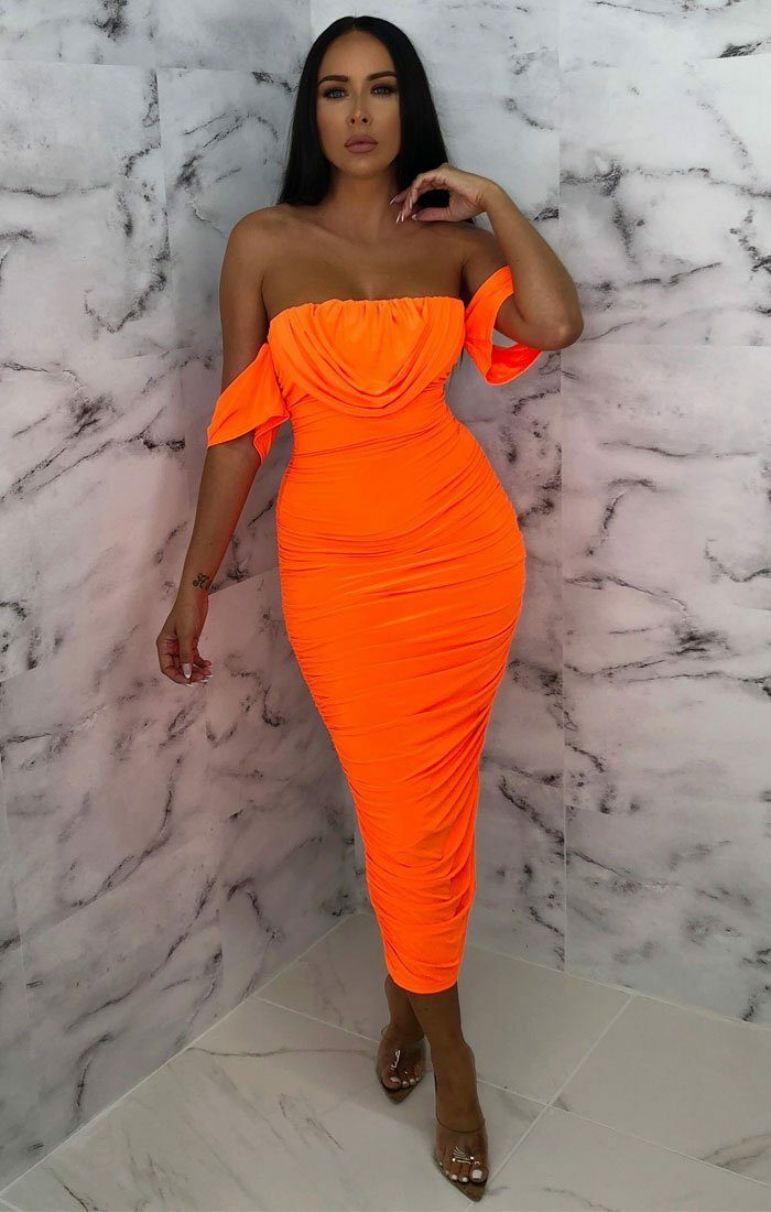 Neon Orange Bardot Cowl Neck Ruched Midi Dress Dresses Femme