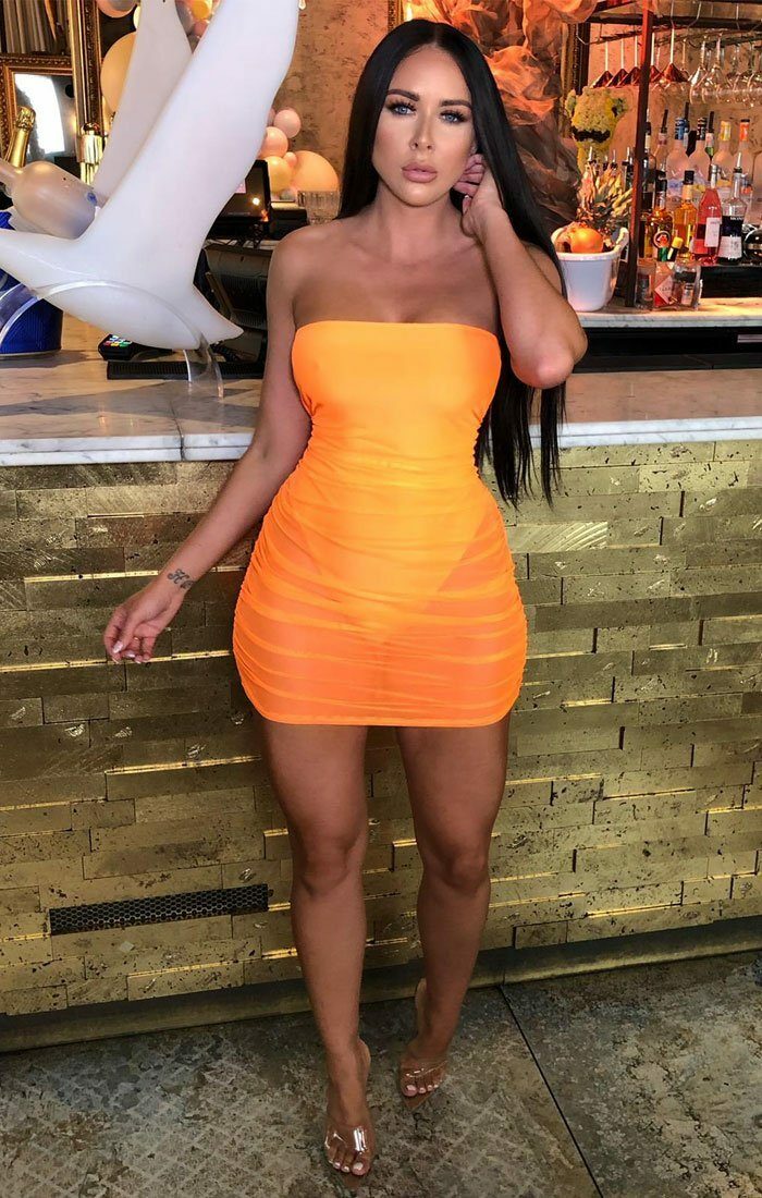 Neon Orange Strapless Corset Mesh Overlay Mini Dress Dresses