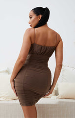 Mocha Slinky Ruched Strappy Bodycon Mini Dress - Nia