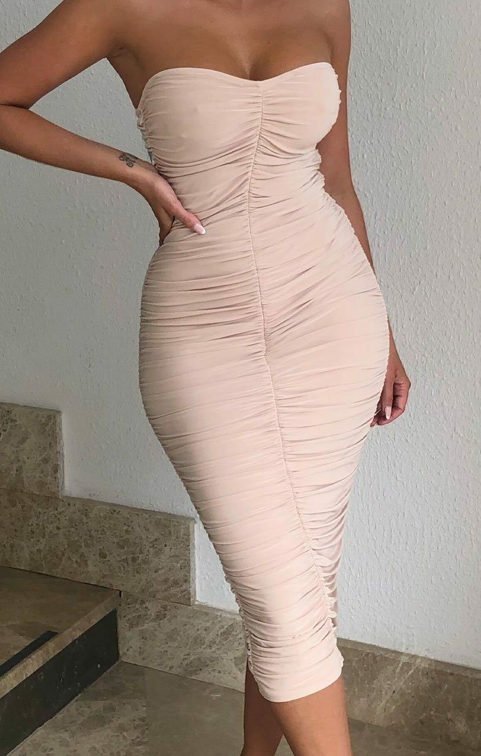 Nude Ruched Strapless Bodycon Midi Dress