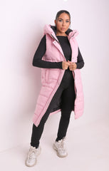 Pink Sleeveless Longline Midi Zip Up Hooded Puffer Gilet - Terri
