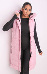 Pink Sleeveless Longline Midi Zip Up Hooded Puffer Gilet - Terri