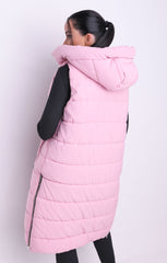 Pink Sleeveless Longline Midi Zip Up Hooded Puffer Gilet - Terri