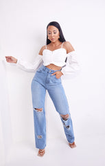 Blue Light Wash High Waisted Ripped Knee Baggy Straight Leg Jeans - Phoebe