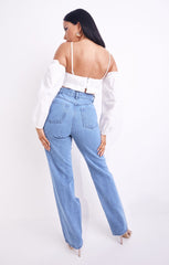 Blue Light Wash High Waisted Ripped Knee Baggy Straight Leg Jeans - Phoebe