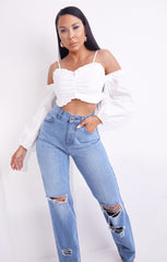 Blue Light Wash High Waisted Ripped Knee Baggy Straight Leg Jeans - Phoebe