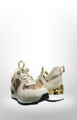 Beige Printed Panel Faux Leather Glitter Trainers - Guinevere