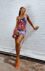 Purple & Orange Marble Print Slinky Halter Neck Ruched Strappy Bodycon Mini Dress - Ethel