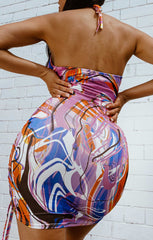 Purple & Orange Marble Print Slinky Halter Neck Ruched Strappy Bodycon Mini Dress - Ethel