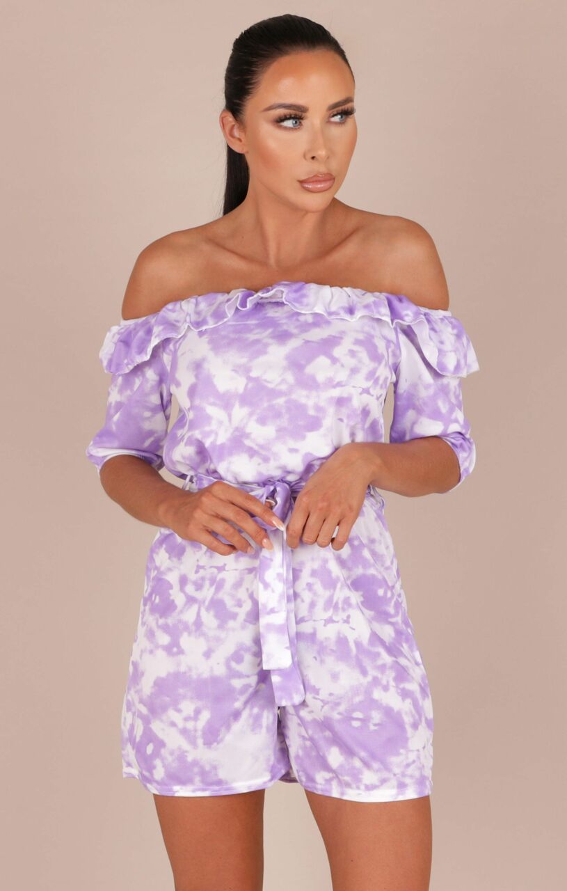 Purple Tie Dye Bardot Playsuit | Playsuits | Femme Luxe UK