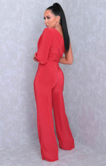 Red One Shoulder Straight Leg Slinky Jumpsuit - Poppy