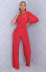 Red One Shoulder Straight Leg Slinky Jumpsuit - Poppy