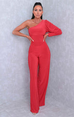 Red One Shoulder Straight Leg Slinky Jumpsuit - Poppy