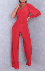 Red One Shoulder Straight Leg Slinky Jumpsuit - Poppy