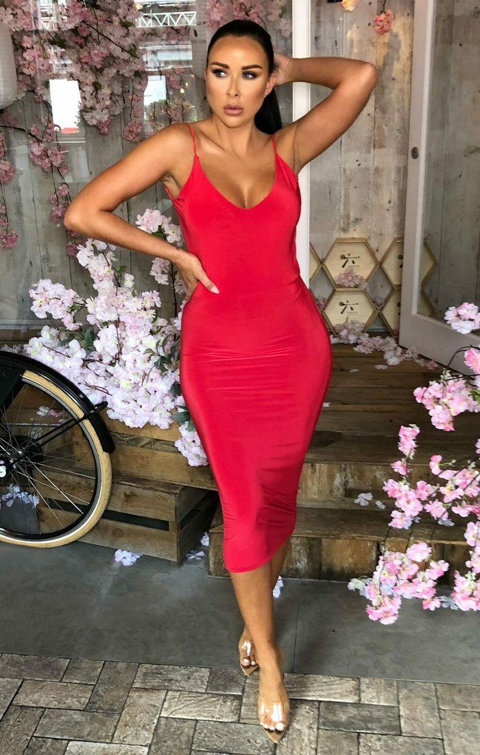 red slinky wrap strappy bodycon dress Red Ribbed Spaghetti Strap Bodycon Midi Dress Small
