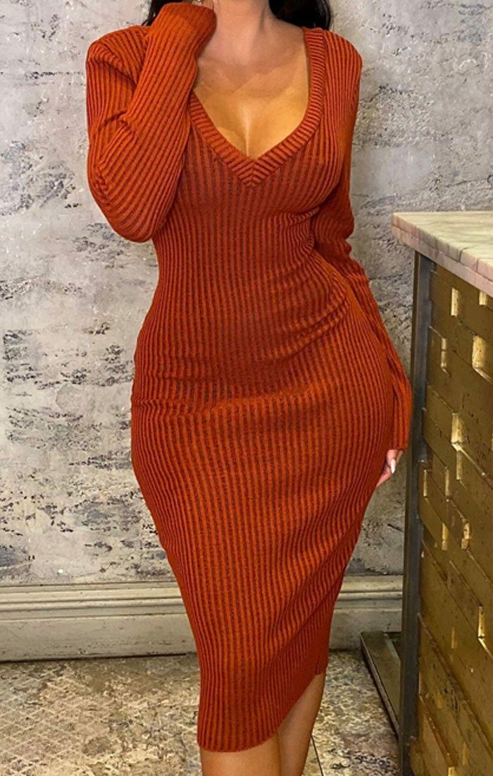 Rust Ribbed V Neck Midi Jumper Dress Dresses Femme Luxe UK