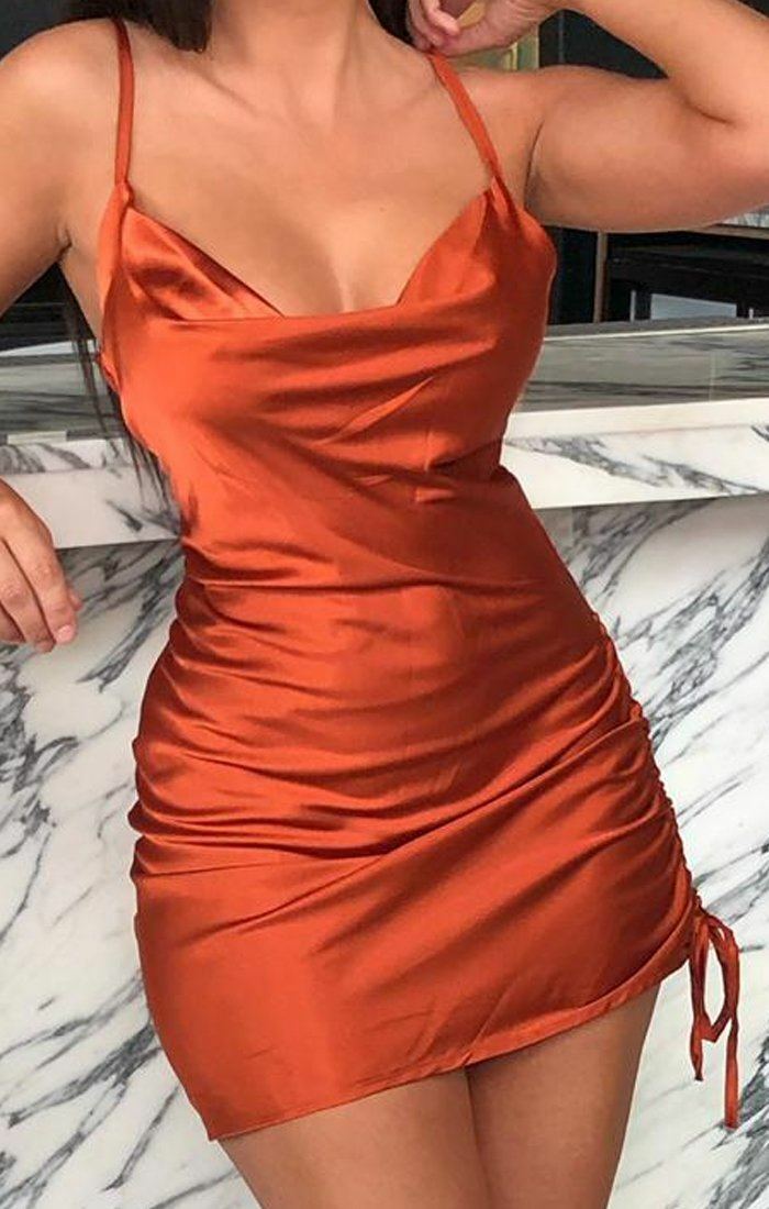 Rust Satin Ruched Side Slip Mini Dress, Dresses