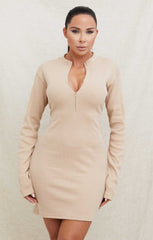Stone Long Sleeve Ribbed Zip up Mini Dress - Eluned