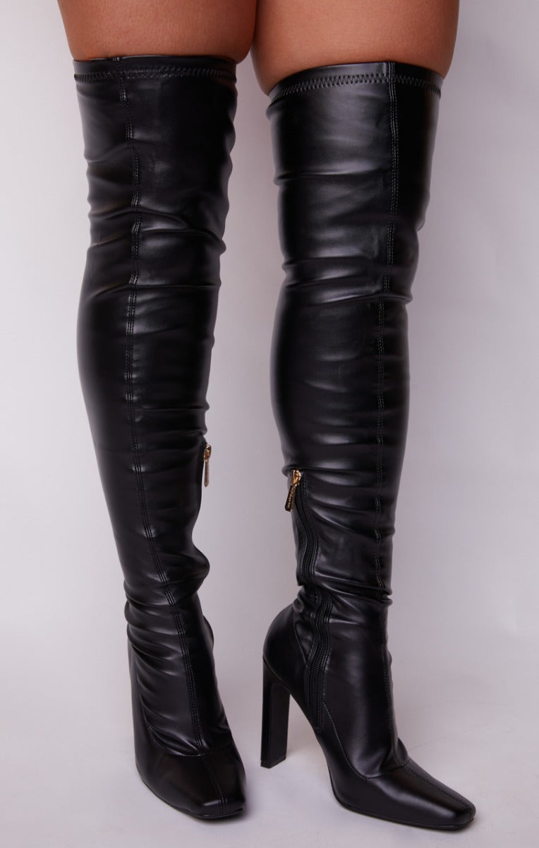 Black PU Faux Leather Over The Knee Heeled Boots - Gabby – Femme Luxe