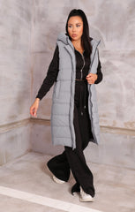 Smoke Grey Sleeveless Longline Midi Zip Up Hooded Puffer Gilet - Terri