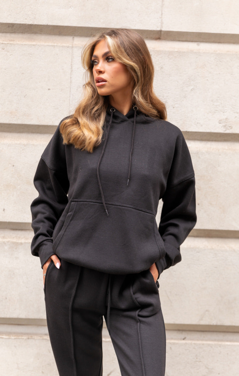Black Oversized Drawstring Pocket Hoodie Seam Front Cuffed Joggers ...