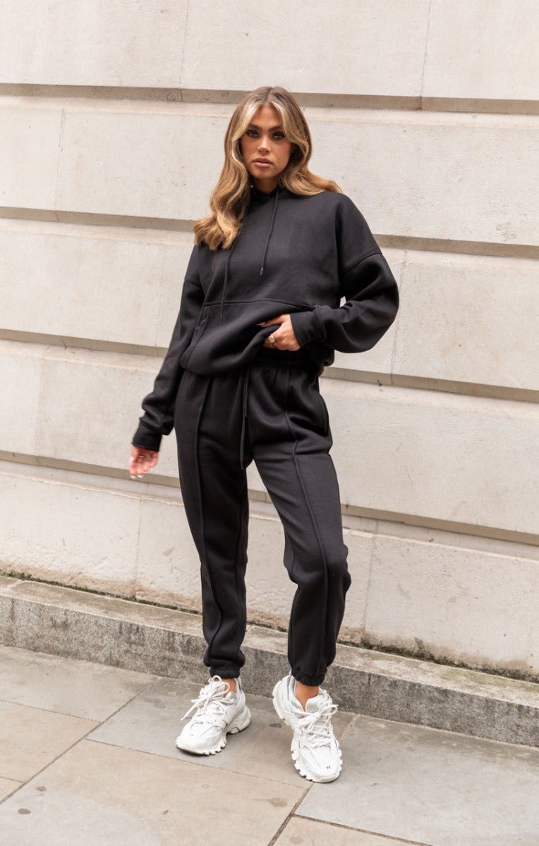 Black Oversized Drawstring Pocket Hoodie Seam Front Cuffed Joggers ...