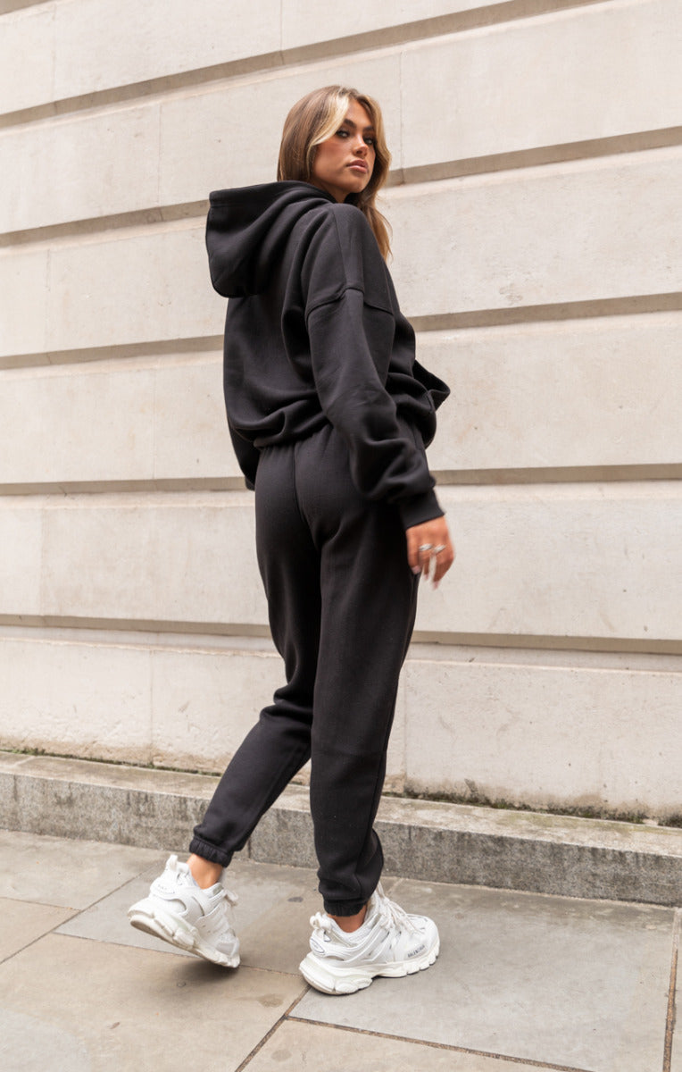 Black Oversized Drawstring Pocket Hoodie Seam Front Cuffed Joggers ...