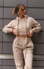 Stone Long Sleeve Cropped Fleece Hoodie & Cuffed Joggers Loungewear Set -  Layla