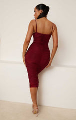 Wine Slinky Ruched Thin Strap Midi Dress - Vienna