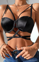 Black Satin Cup Detail Strappy Cross Over Bralette Top - Mavise