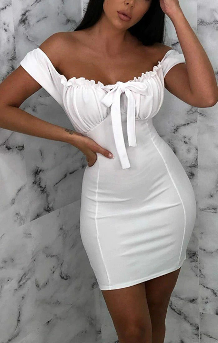 White Milkmaid Bardot Bodycon Dress | Dresses | Femme Luxe White Milkmaid Bardot Bodycon Dress | Dresses | Femme Luxe