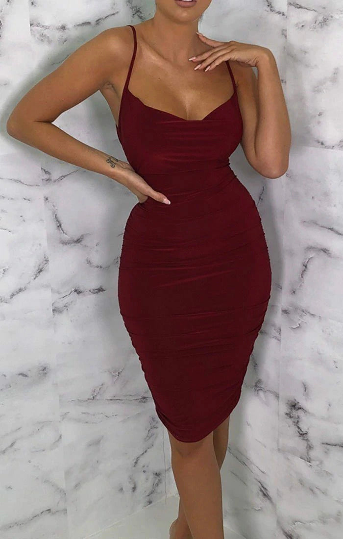 A Minute Past Midnight Draped Neck Corset Mini Dress in Wine