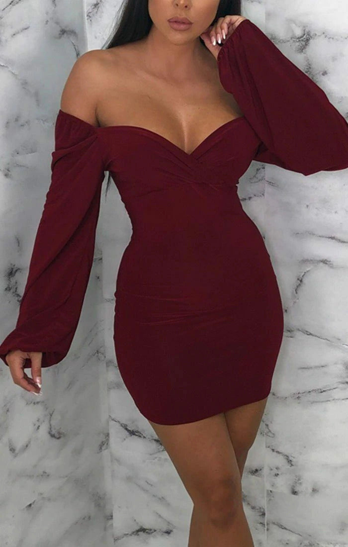 Wine Slinky Balloon Sleeve Mini Dress | Dresses | Femme Luxe UK Wine / 10 Wine Slinky Balloon Sleeve Mini Dress | Dresses | Femme Luxe UK Wine / 10